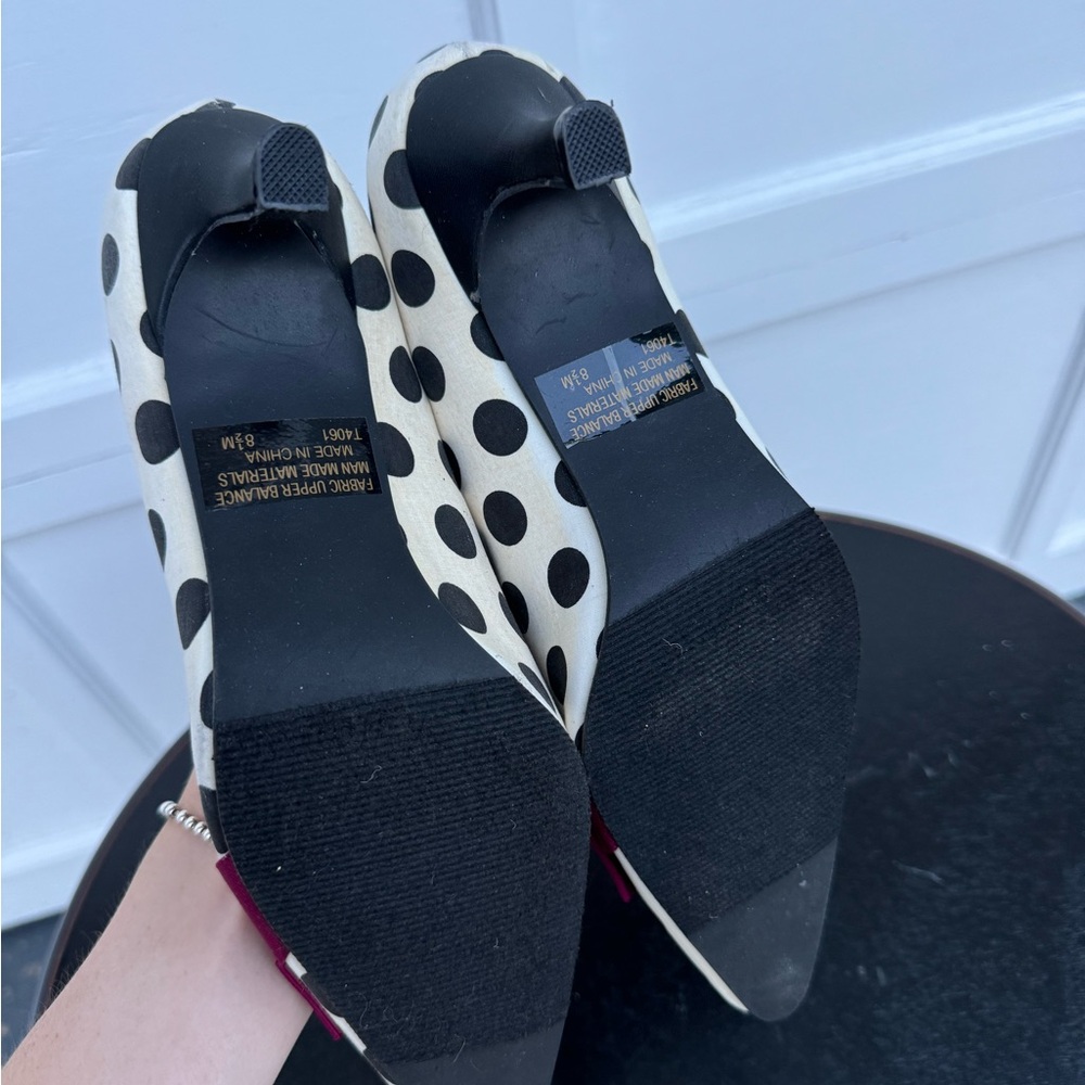 Polka Dot Pointed Low Heels with Magenta Bow Trim - Picture 6 of 6